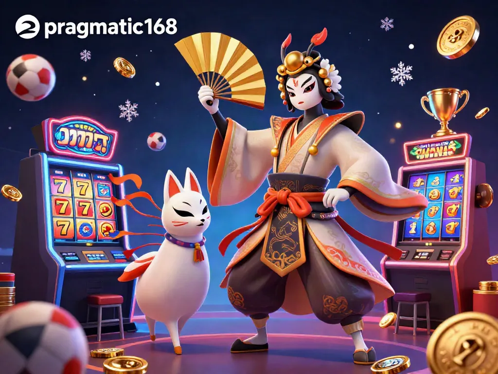 Engage with thrilling mobile gaming via pragmatic168, featuring an exciting slot scene with kabuki characters.