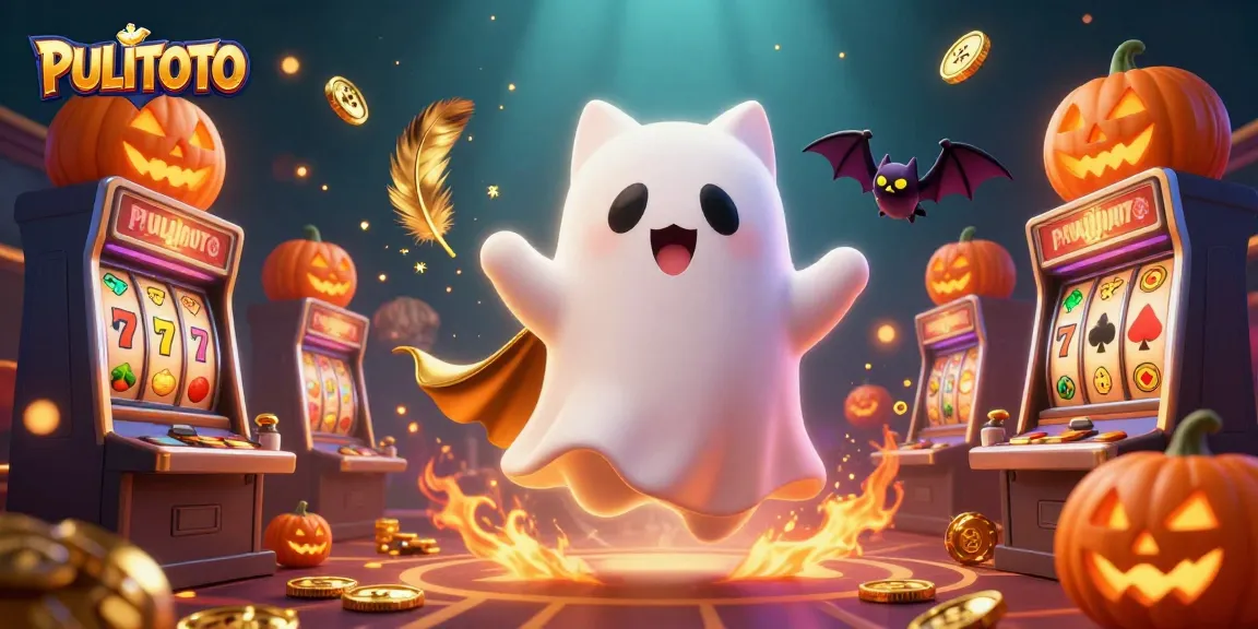PULITOTO brings excitement with a ghost cat and vampire bat in a vibrant casino scene filled with slot machines.
