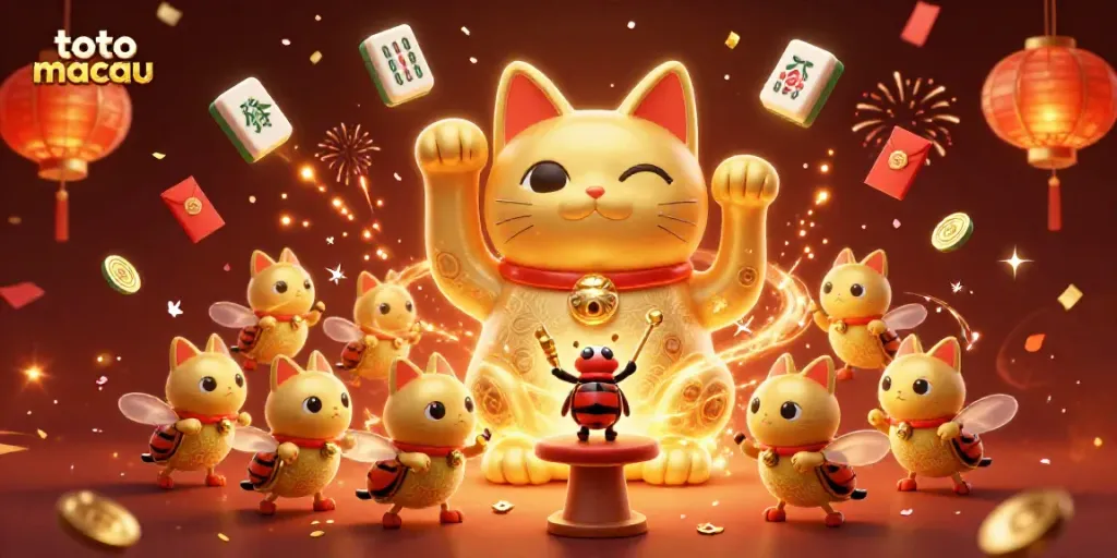 Hasil toto macau ditampilkan dengan cat keberuntungan raksasa dan simbol kasino yang berkilau.