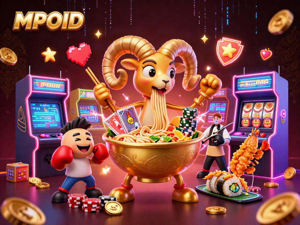 Experience thrilling gameplay with MPOID as the golden ramen bowl dealer and colorful gaming elements surround the characters.