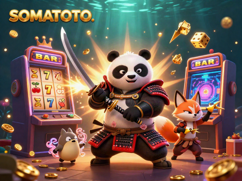 Experience thrilling slots with SOMATOTO as samurai panda, ninja fox, and spirit tanuki celebrate winning jackpots.
