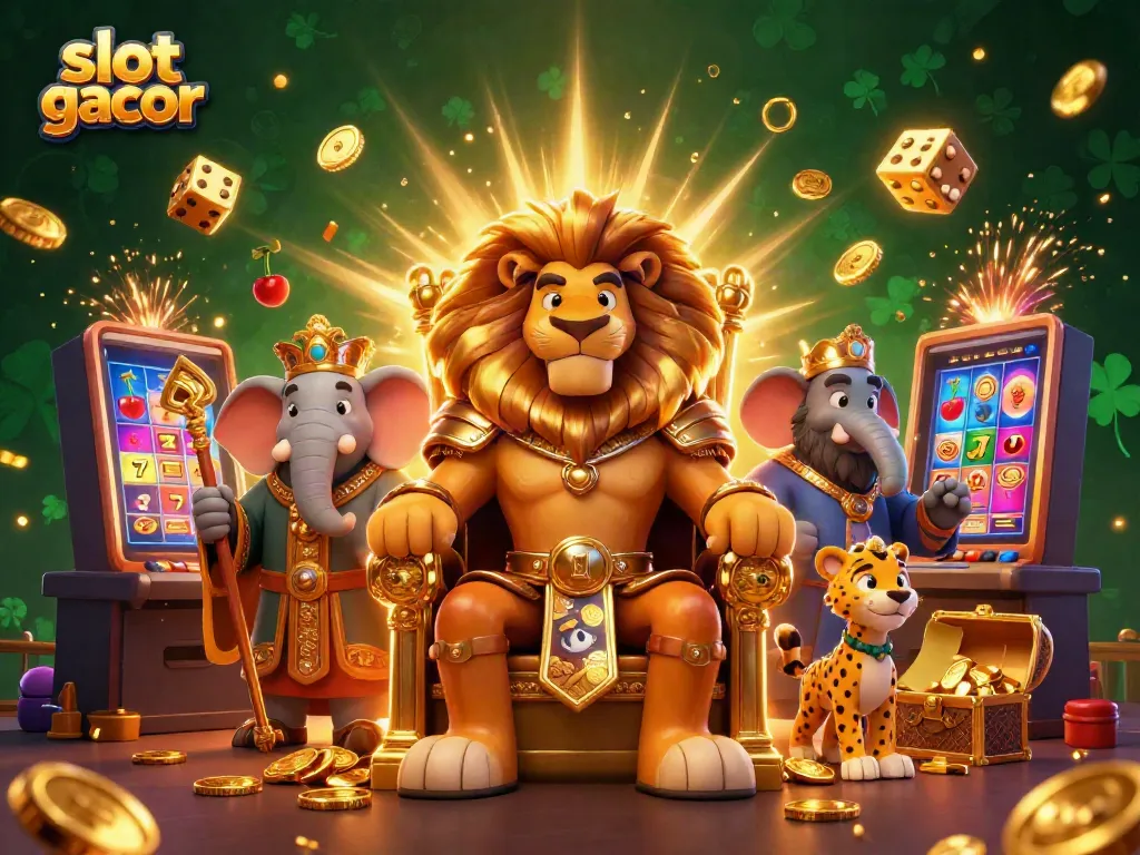 Experience thrilling slot gacor gameplay with a dynamic 3D lion king, elephant, and cheetah amidst casino action.