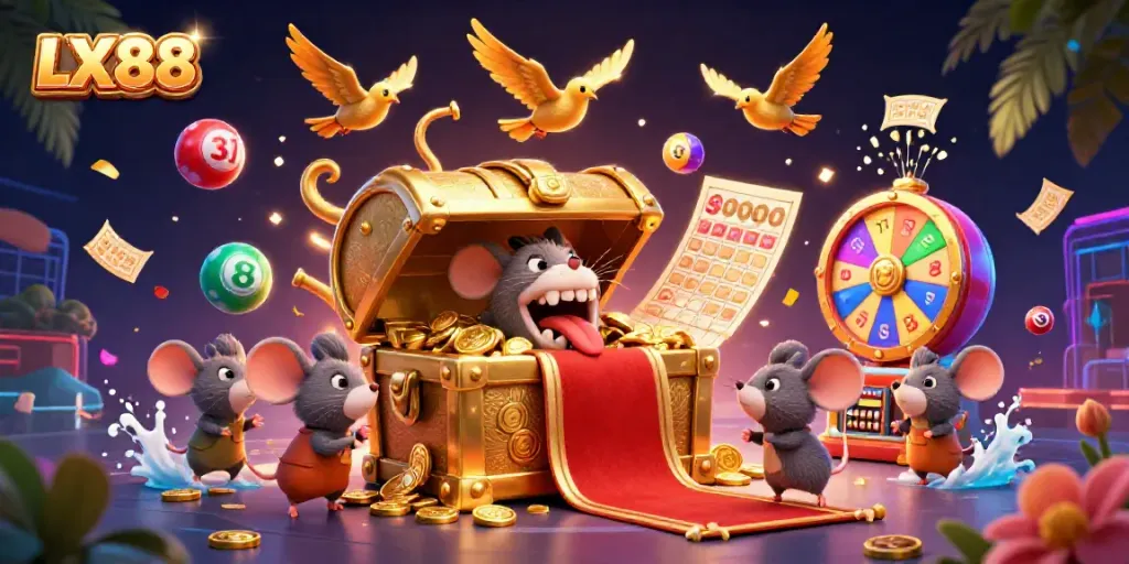 Win big with LX88: a vibrant 3D illustration of a golden treasure chest and colorful lottery elements.