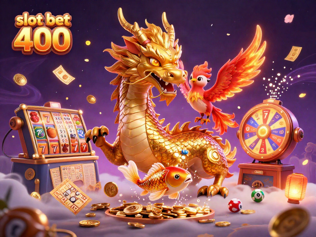 Menangkan slot bet 400 dengan keberuntungan naga emas dan ikan koi melompat di tengah koin.