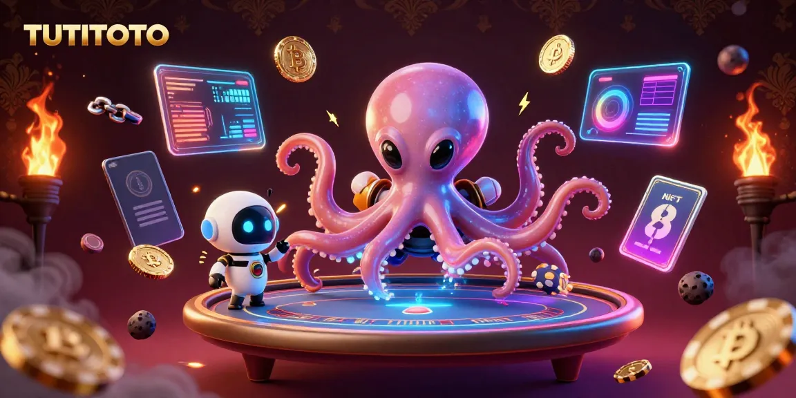 TUTITOTO showcases an alien octopus at a holographic poker table with cryptocurrency coins surrounding it.