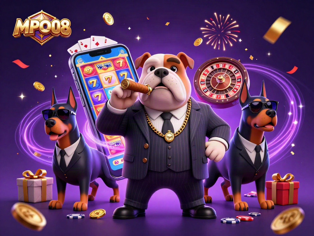 MPO08 showcases an exciting 3D casino scene with a bulldog and Doberman guards, highlighting thrilling slot gaming action.