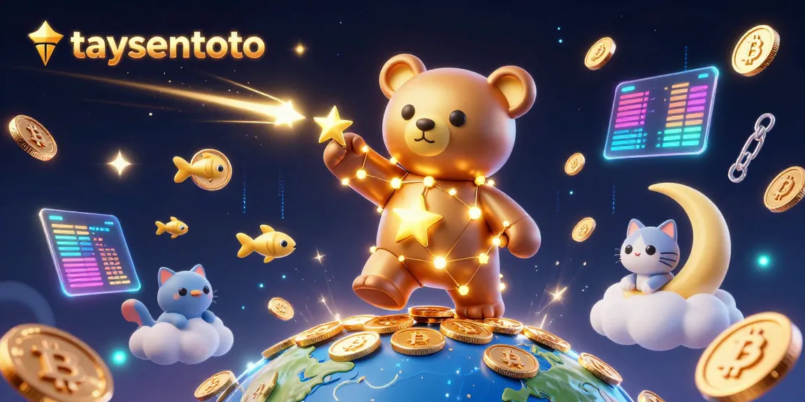 Taysentoto shines above a vibrant casino world with gold coins and blockchain elements, full of energy.