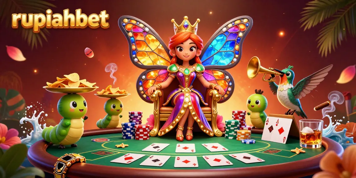 Experience the vibrant joy of rupiahbet with a 3D butterfly queen and poker elements in an ultra-detailed casino scene.