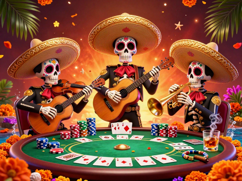 Bujangtoto engaging skeleton mariachi band performs around a vibrant poker table filled with chips and cards.