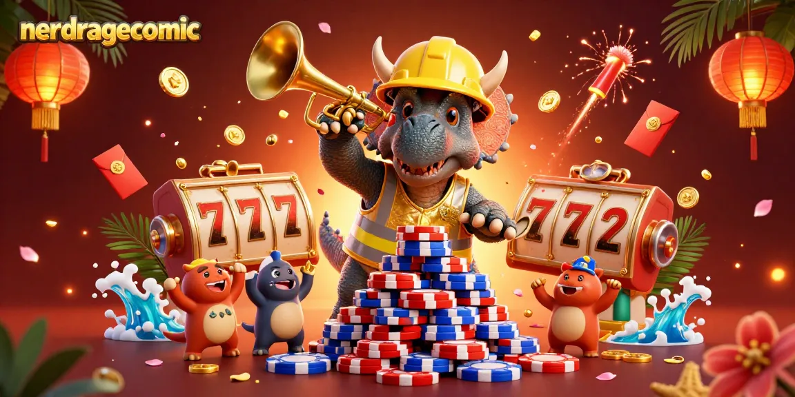 Komik nerd rage, triceratops membangun piramida chip poker, meriah dengan elemen kasino.
