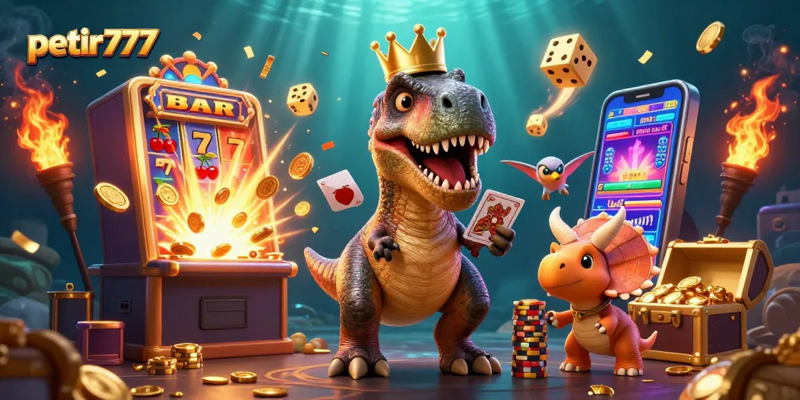 Experience the thrill of petir777 as a T-Rex shuffles cards while friends stack golden chips in this vibrant casino scene.