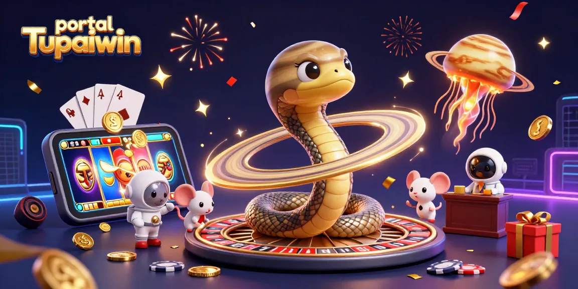 Menggunakan portal Tupaiwin untuk bermain roulette dengan ular Saturnus dan astronot, dikelilingi slot dan kartu.