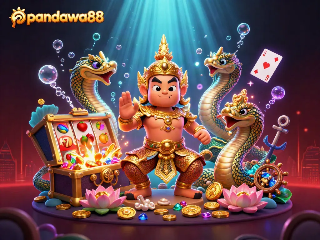 Gambarkan pandawa88 dengan penjaga kuil Thai dan elemen perjudian dalam arena megah berwarna cerah.