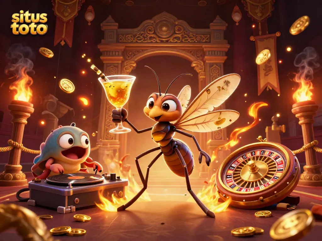 Engage with situs toto gaming as a vibrant frozen mosquito mascot interacts with a trilobite DJ and ammonite roulette wheel.
