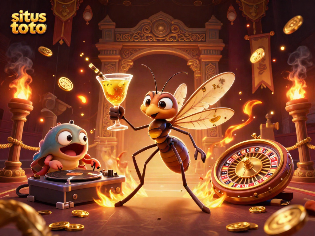 Engage with situs toto gaming as a vibrant frozen mosquito mascot interacts with a trilobite DJ and ammonite roulette wheel.
