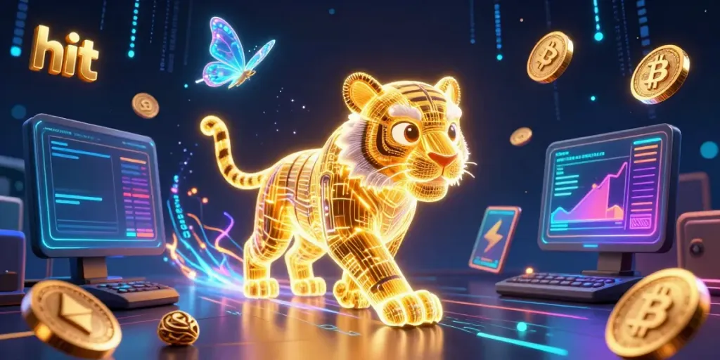 Engage players at the hit casino with a neon-lit 3D golden tiger surrounded by digital assets and vibrant gameplay elements.