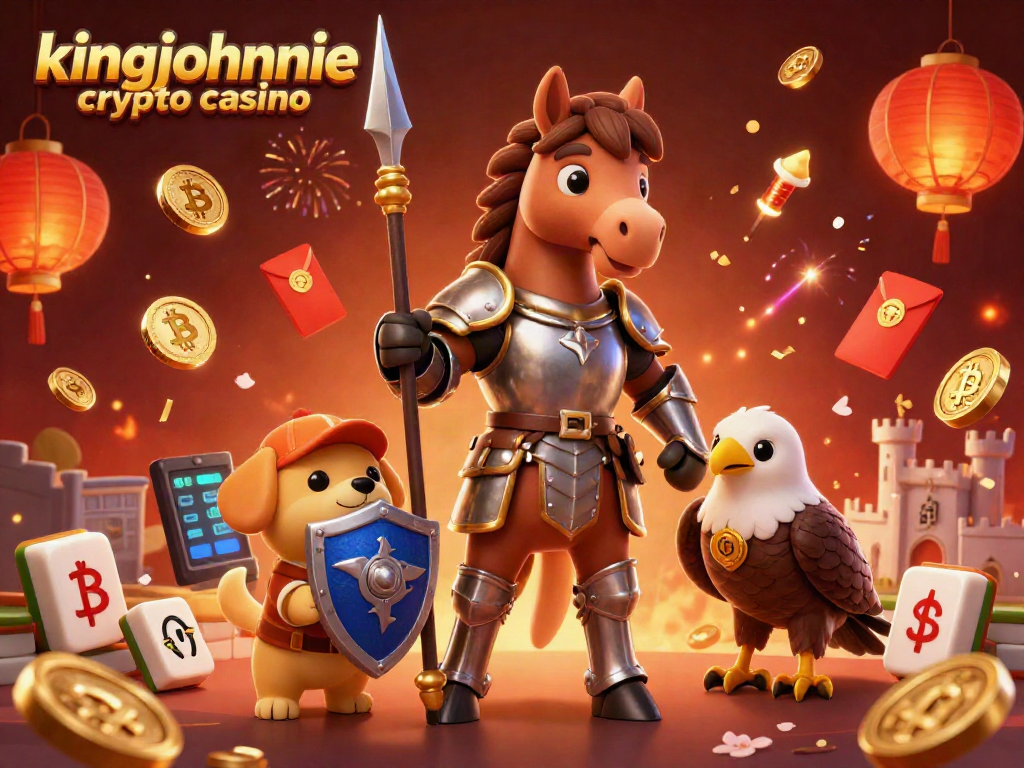 Experience the excitement of kingjohnnie crypto casino with this vibrant 3D illustration featuring characters and dynamic game elements.