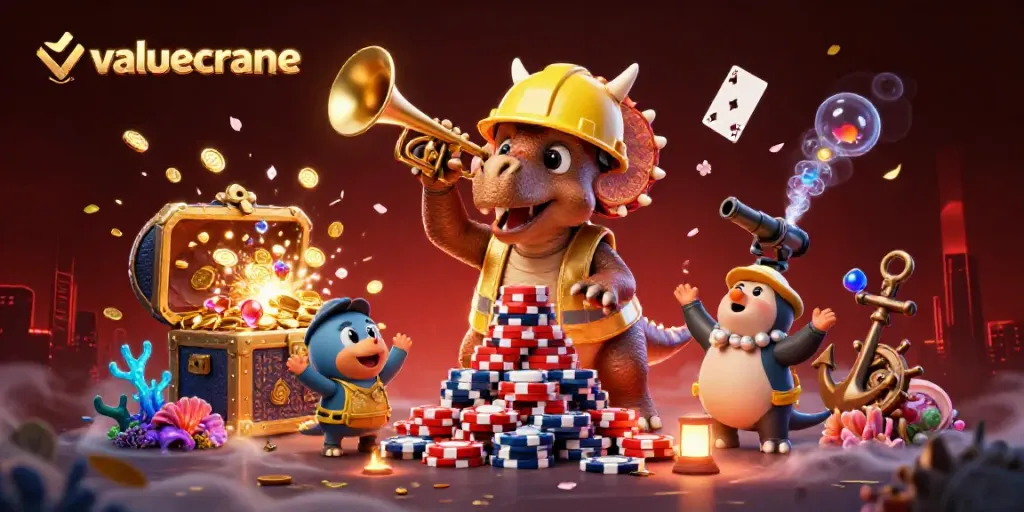 Menampilkan valuecrane triceratops dikerah dan bertransaksi chip poker dalam suasana kasino.