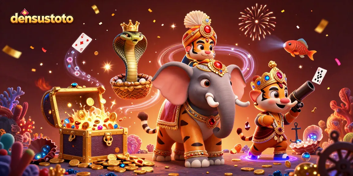 Densustoto menampilkan maharaja harimau ceria dalam permainan angka, dikelilingi harta karun dan kartu bermain.