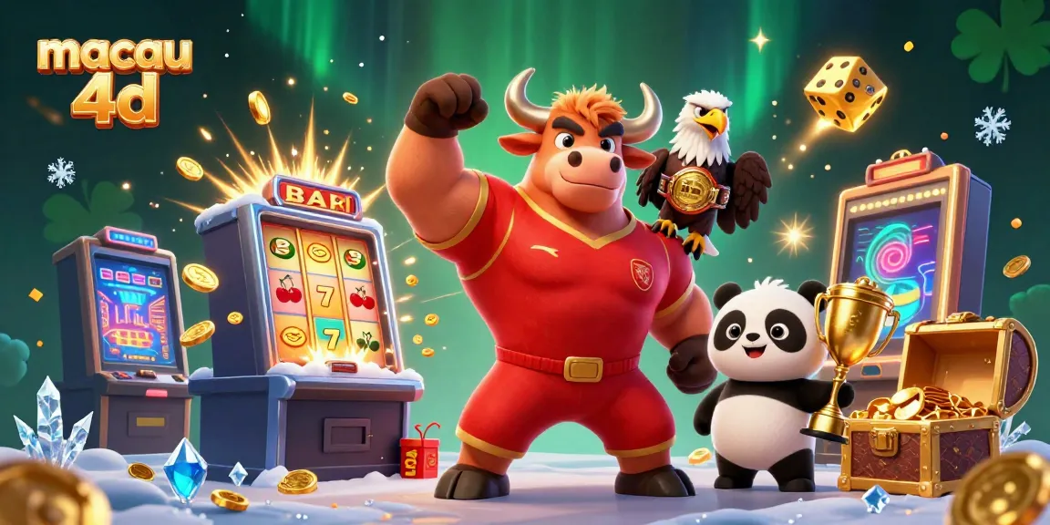 Bets soar in the thrilling macau 4d casino atmosphere, showcasing excitement with a triumphant bull mascot, eagle, and trophy.