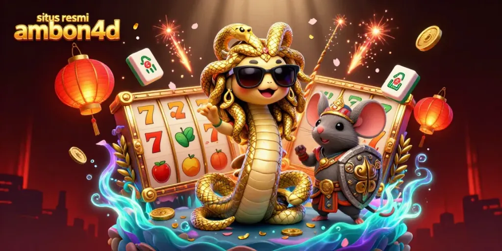 Situs resmi ambon4d showcases a vibrant gaming scene filled with slot reels, golden coins, and festive elements.
