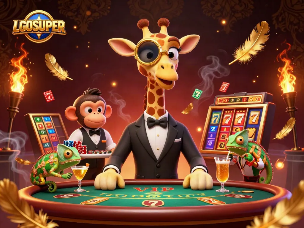 Engage with LGOSUPER's vibrant slots scene featuring a giraffe high-roller and lively casino elements.