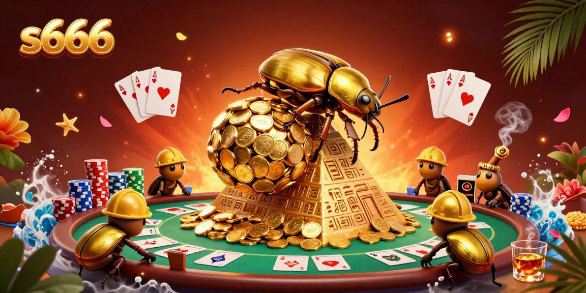 Engage with the vibrant world of s666, showcasing a golden dung beetle triumphantly rolling coins, surrounded by dynamic poker elements.