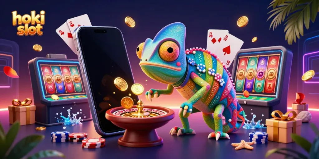 Permainan hoki slot yang menarik dengan chameleon kasino dan elemen permainan, menyenangkan untuk dilihat.