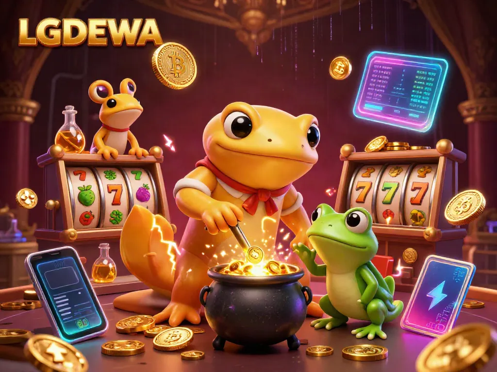 Engage with LGODEWA's thrilling world of slots and crypto in vibrant 3D illustration.