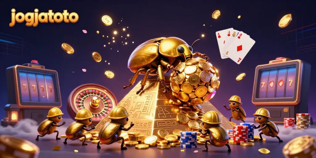 Engage with jogjatoto, showcasing a golden beetle rolling coins in a vibrant casino scene.