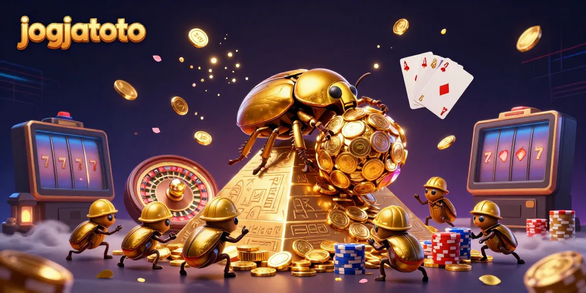 Engage with jogjatoto, showcasing a golden beetle rolling coins in a vibrant casino scene.