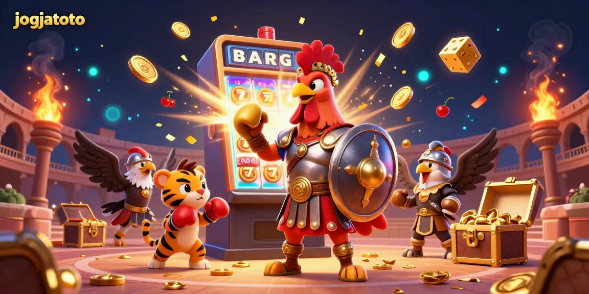 Experience the thrilling world of jogjatoto with a dynamic gladiator rooster and jackpot-filled slot scene.