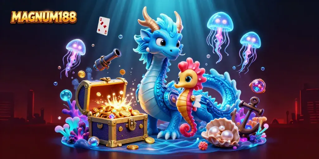 Experience winning excitement with MAGNUM188's vibrant underwater casino adventure illustrated in 3D.