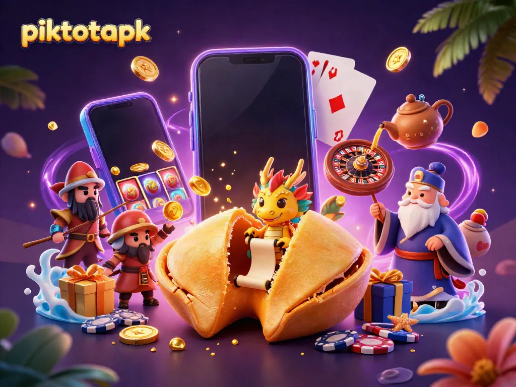 Engage with piktotoapk's vibrant 3D illustration showcasing golden fortune and casino elements in action.