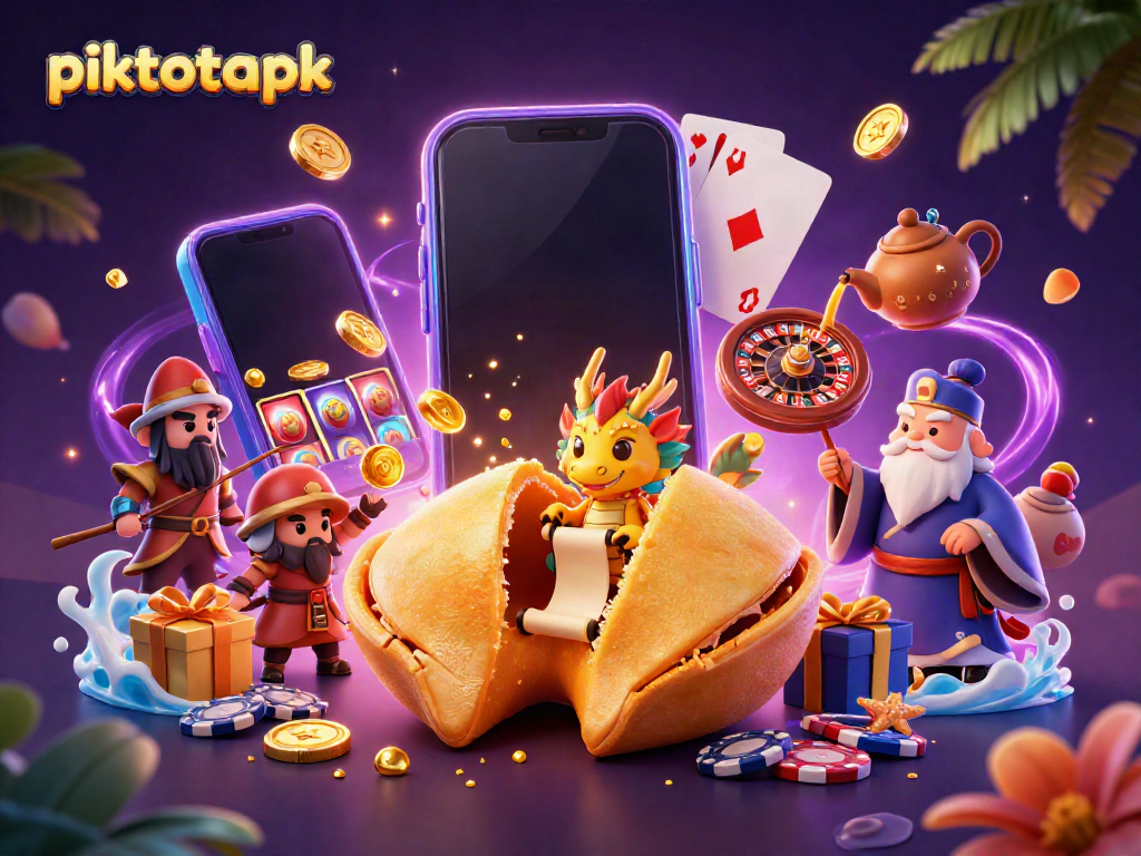Engage with piktotoapk's vibrant 3D illustration showcasing golden fortune and casino elements in action.