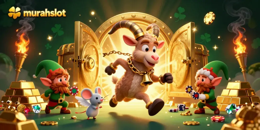 Experience the thrill of murahslot with a 3D casino scene featuring playful characters and dazzling treasures.