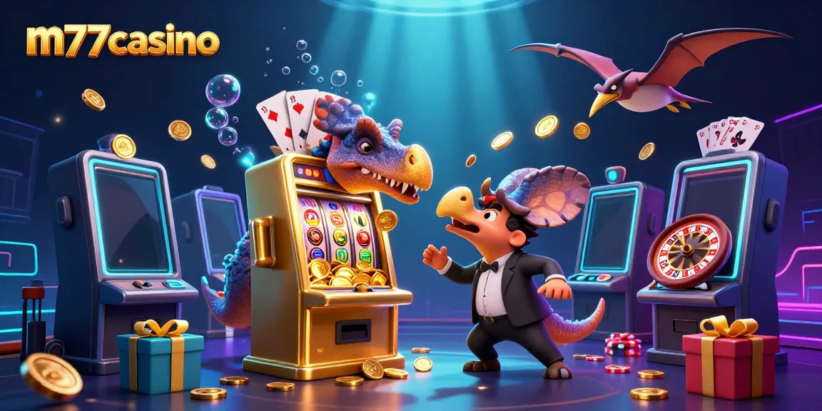 m77casino menampilkan fitur slot dengan dinosaurus 3D yang mendebak mesin slot dan uang koin emas berterbangan