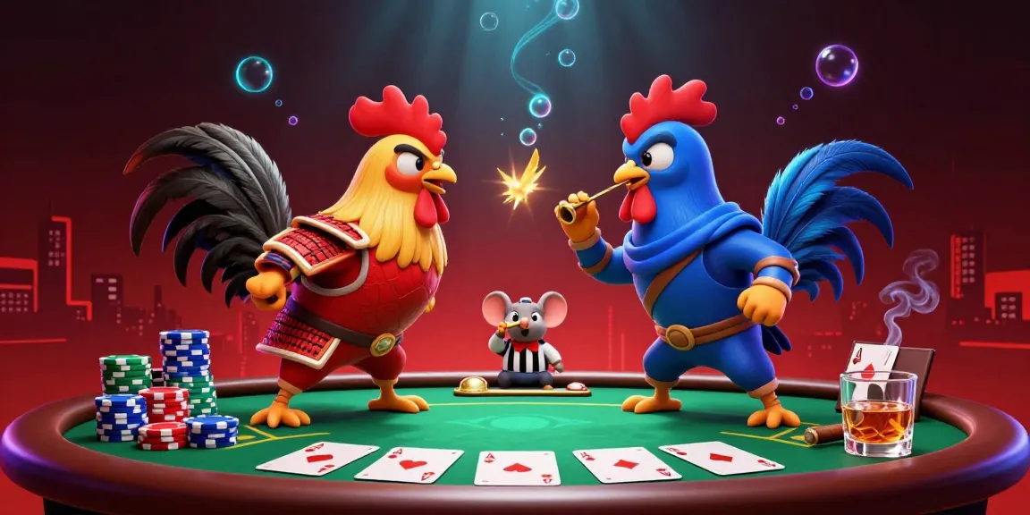 Mainkan medan4d dengan ilustrasi pertarungan ayam 3D yang dramatis dan elemen kasino interaktif.