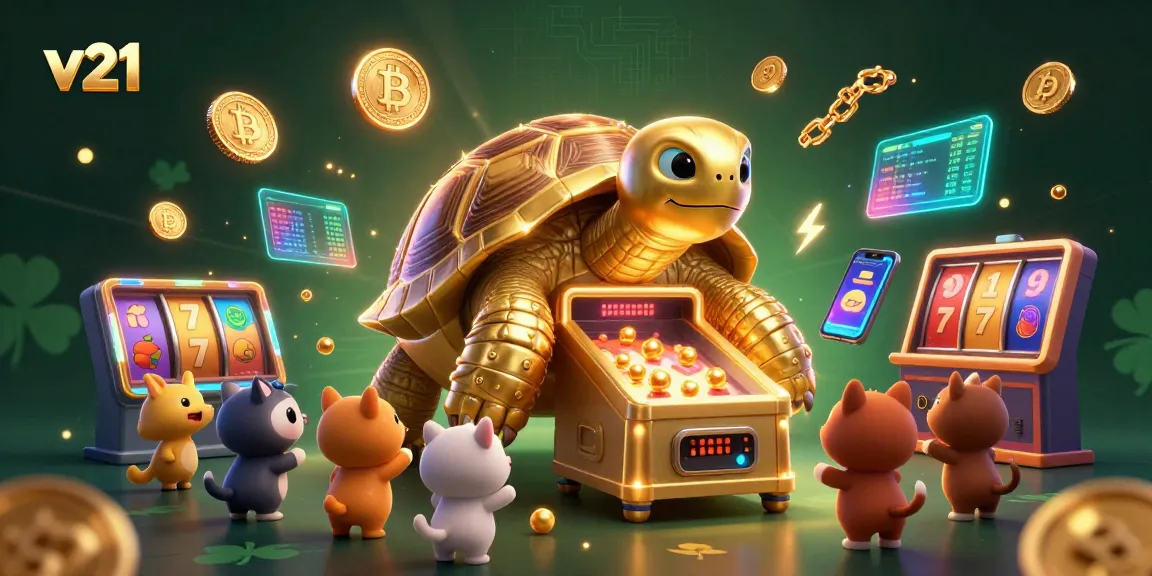 Permainan slot v21 dengan kura-kura emas dan koin cryptocurrency neon menyemarakkan suasana kasino.