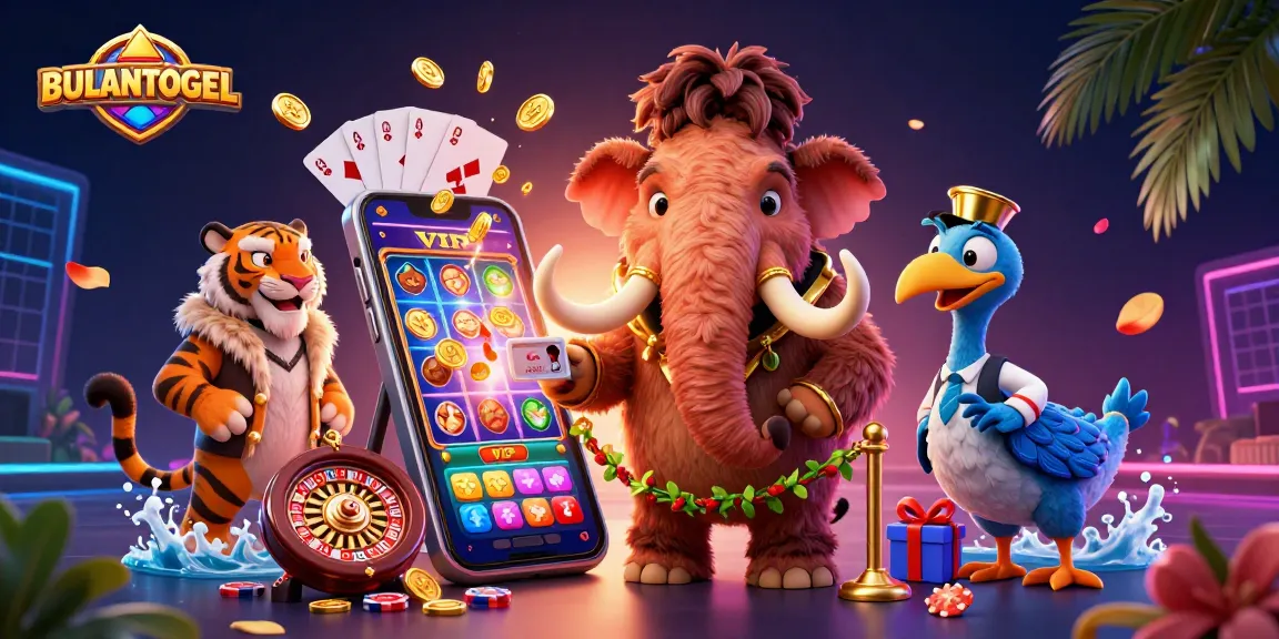 BULANTOGEL showcases a bustling casino scene with a woolly mammoth checking IDs near exciting slot games.