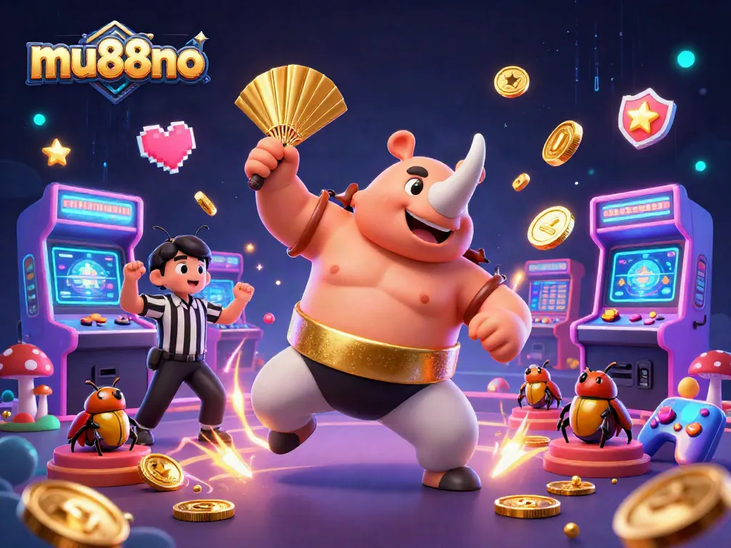 Experience thrilling games at mu88no, featuring a vibrant casino scene with beetle characters.