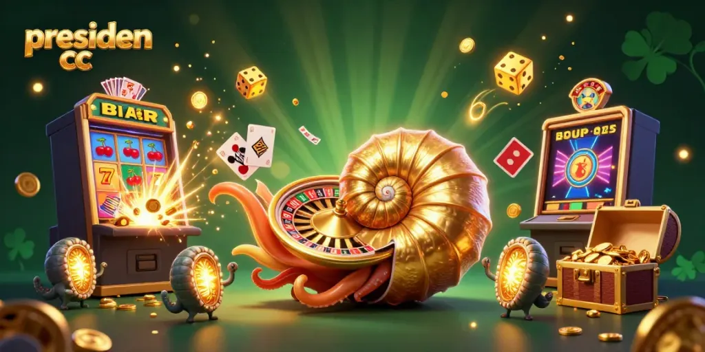 Experience the excitement of gaming with presiden cc as golden tokens and jackpot symbols explode around a dazzling nautilus character.