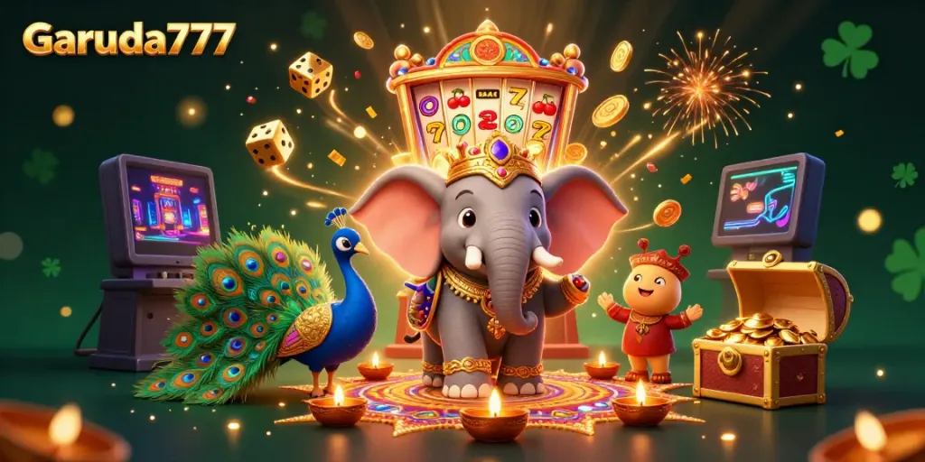 Mengalami keseruan Garuda777 dengan karakter gajah dan merak yang dikelilingi slot mesin dan koin jackpot.