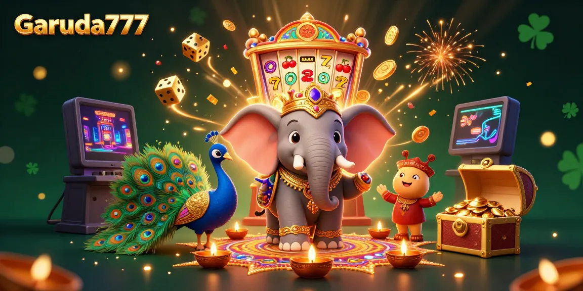 Mengalami keseruan Garuda777 dengan karakter gajah dan merak yang dikelilingi slot mesin dan koin jackpot.