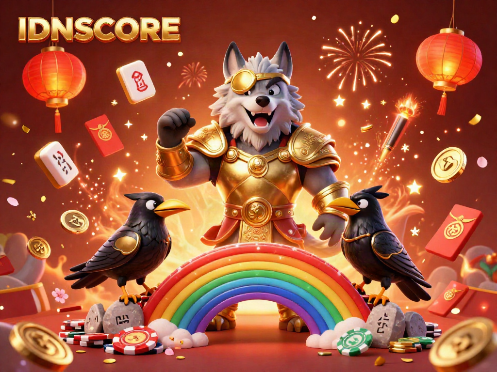 Experience IDNSCORE's vibrant casino world with Odin and his ravens amidst floating mahjong tiles.