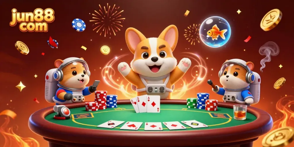 Engage with jun88 com's lively casino gaming scene featuring animated characters and poker elements.