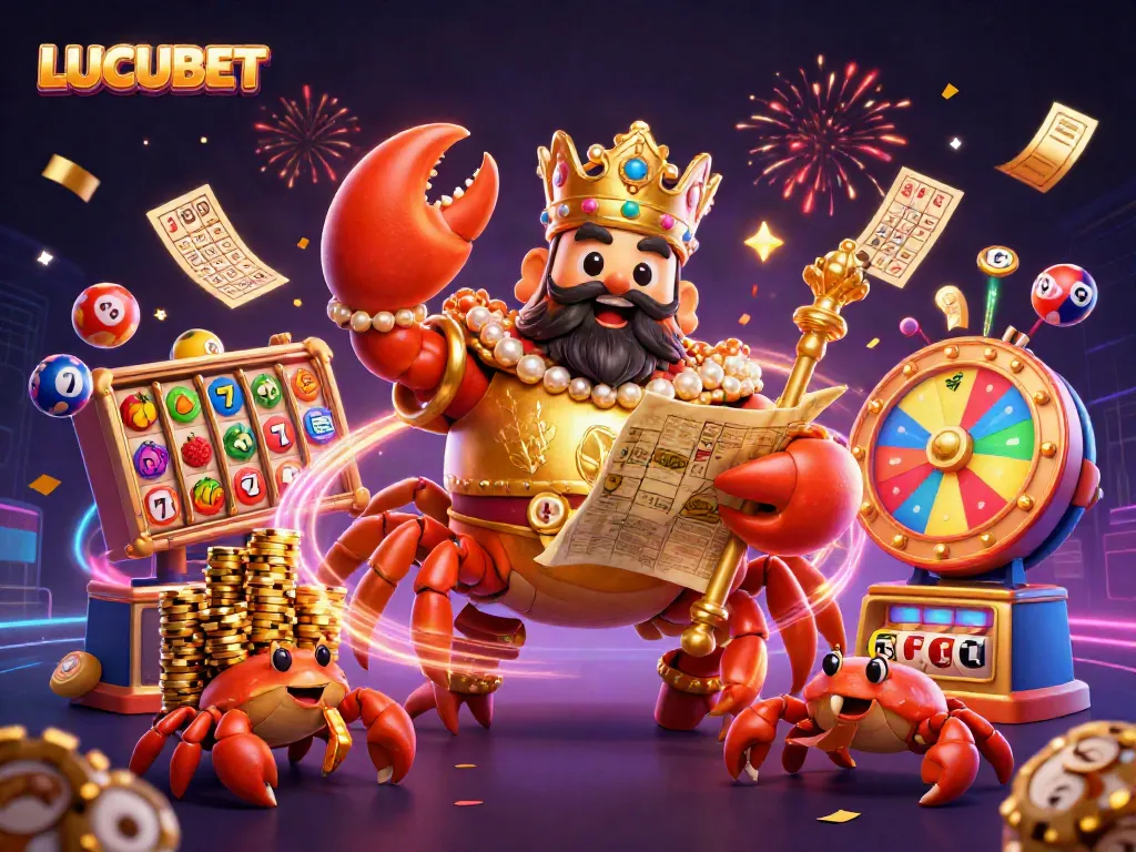 Engage with the exciting LUCUBET world through a vibrant illustration of a golden crab emperor and dynamic casino elements.