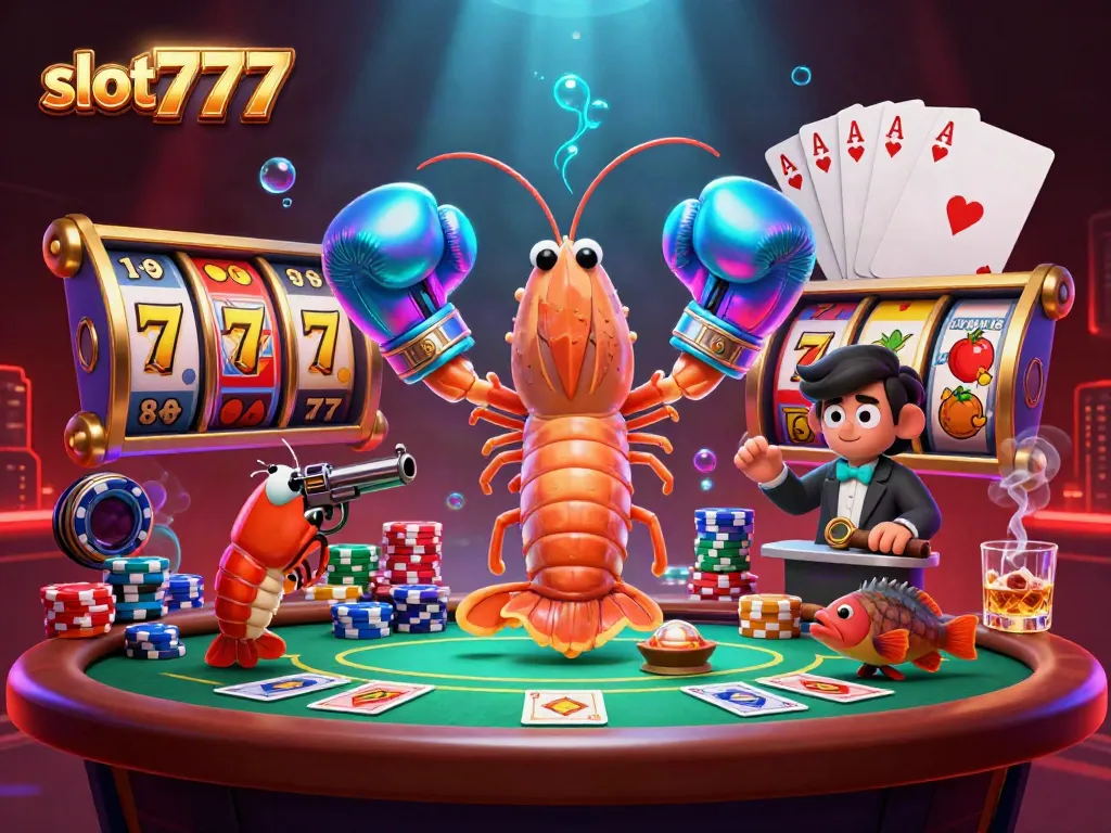 Permainan slot777 yang seru dengan karakter udang mantis 3D di kasino virtual.