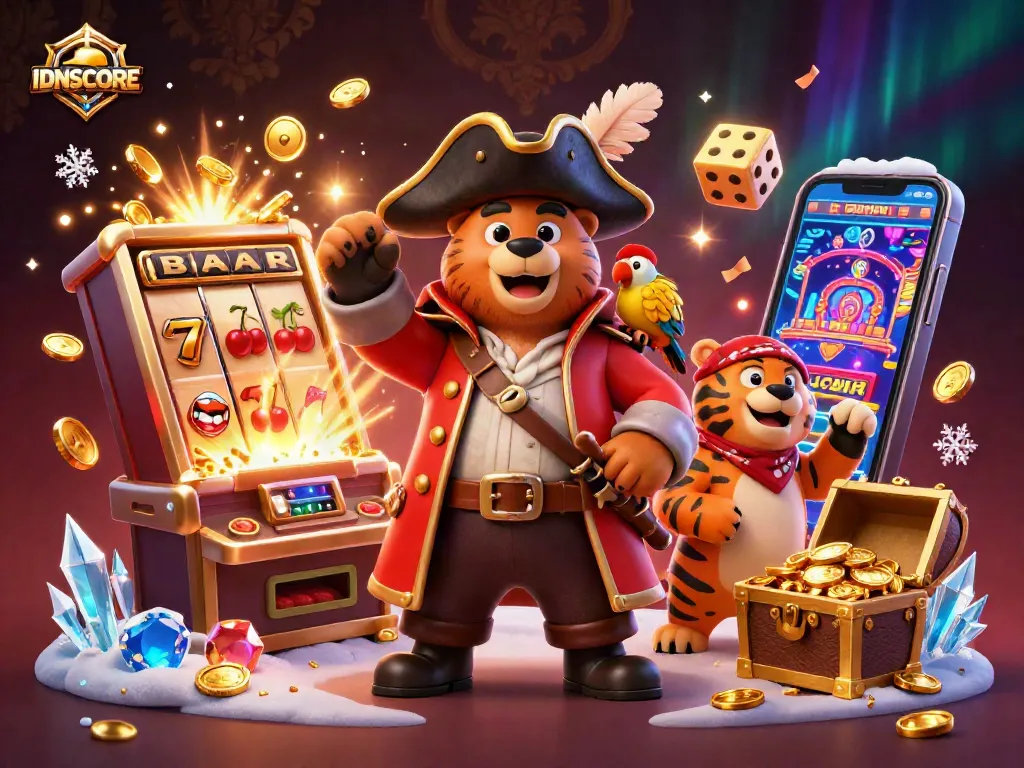Experience thrilling wins at IDNSCORE with our vibrant 3D illustration of a pirate bear and companions.