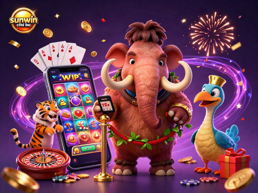Engaging scene illustrating sunwin chính thức where a woolly mammoth bouncer checks IDs at a vibrant casino entrance.